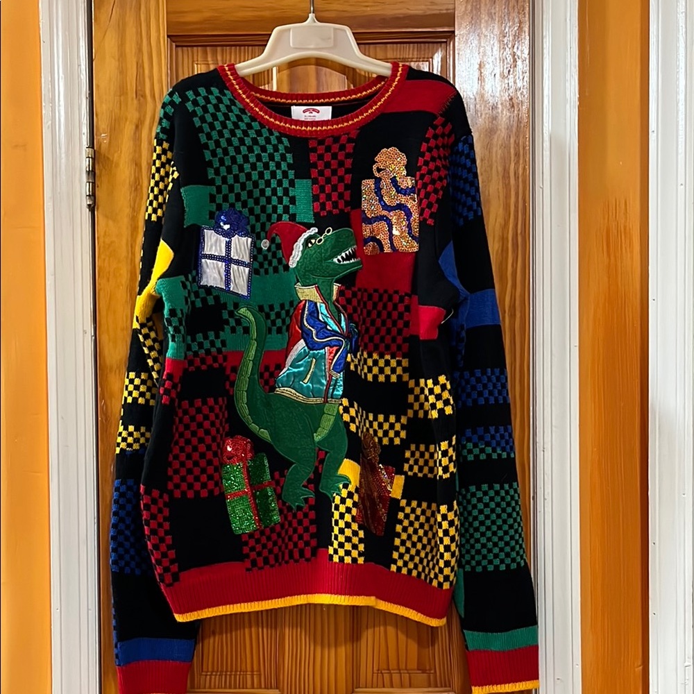 Holiday Time Colorful Dinosaur Print Geometric Sequin Oversized Ugly Sweater XL